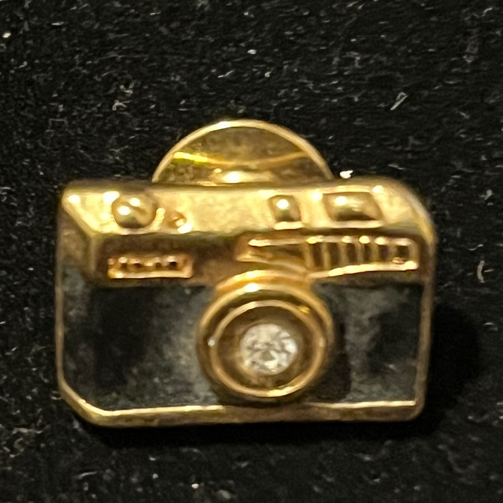 Gold Camera Brooch with Crystal Detail